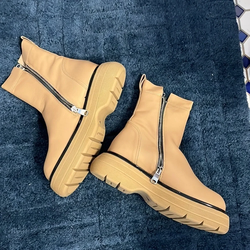 New Free People Mara Zip Moto Boots in Latte Brown Leather Size 37 or 7